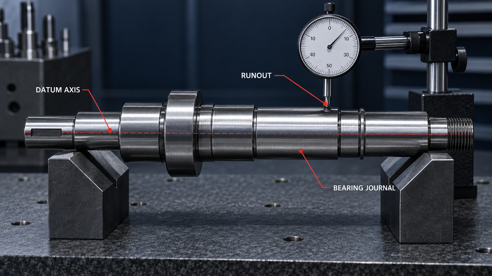 Precision shaft inspected for datum axis, runout, and bearing journal