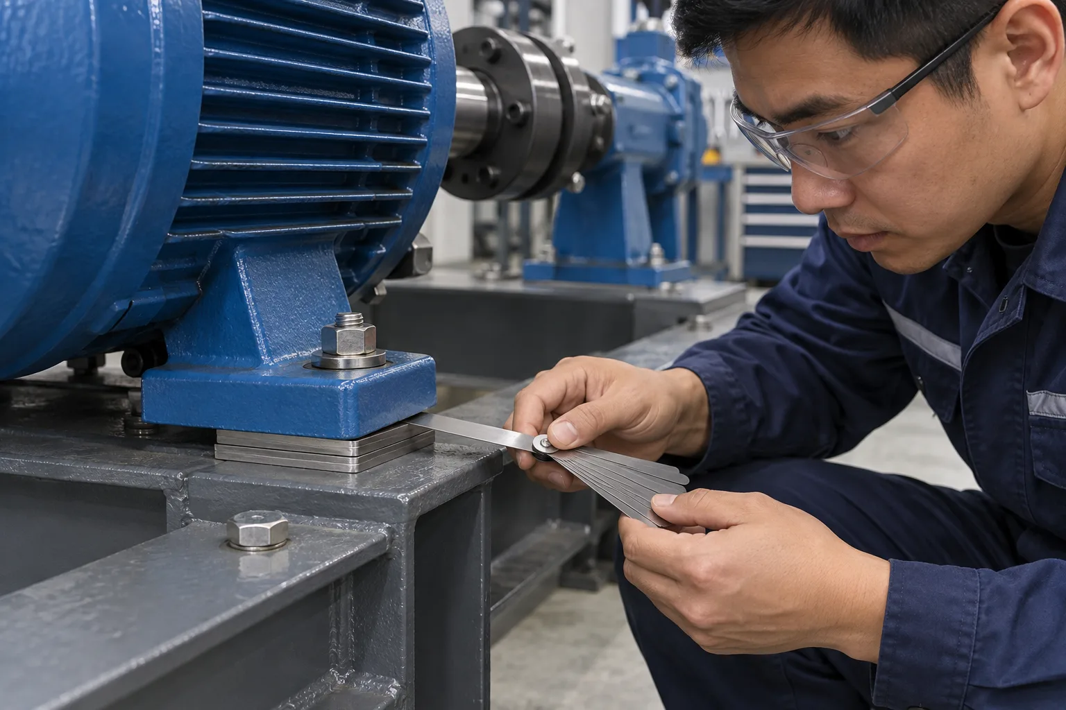 Motor mounting foot with stainless steel shims and a feeler gauge at the support interface