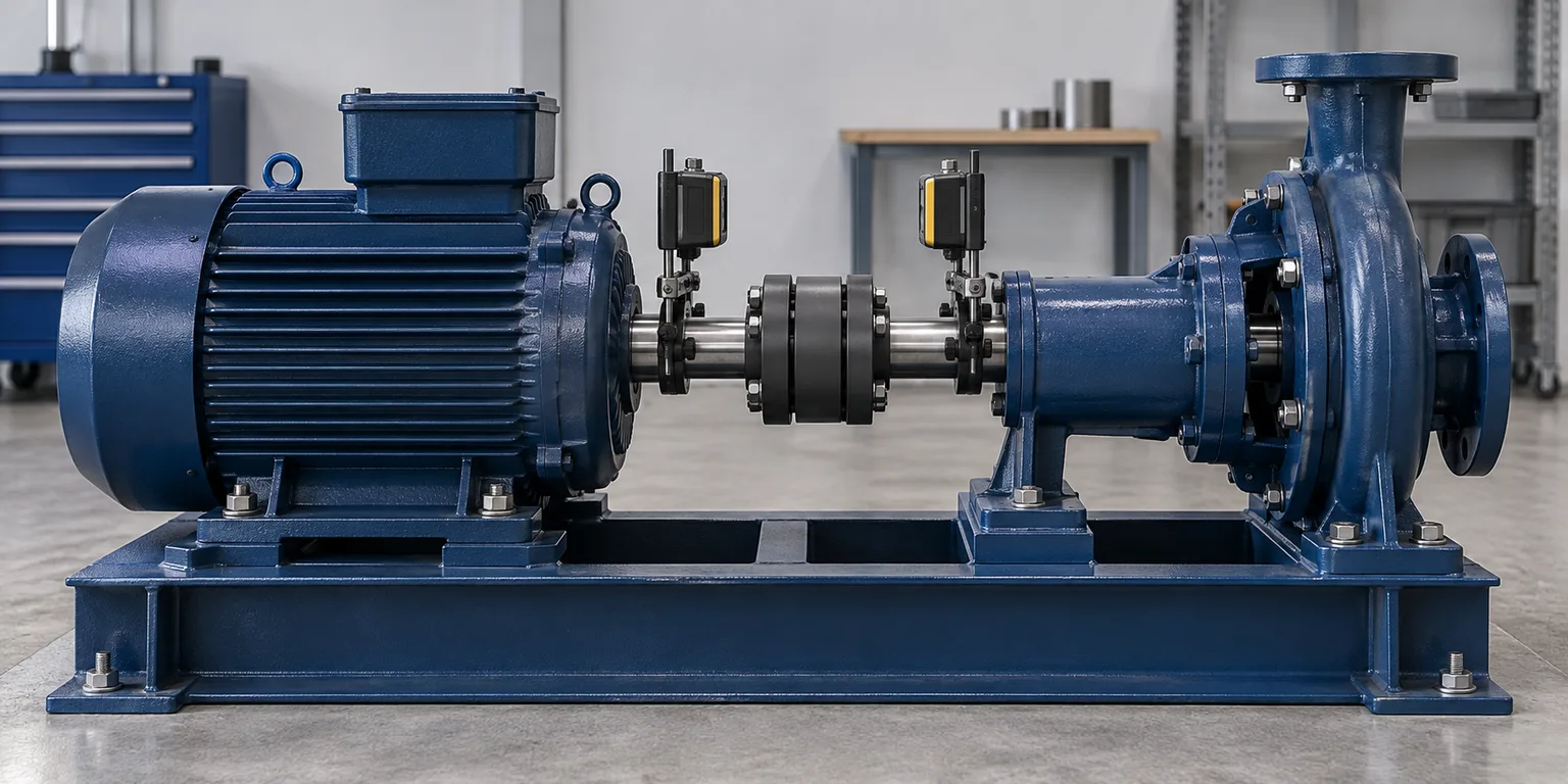 Stationary motor and pump with alignment sensor heads mounted on either side of their coupling