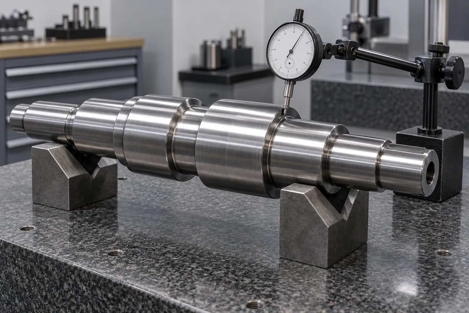 Stepped shaft on V-blocks with a dial indicator illustrating component inspection