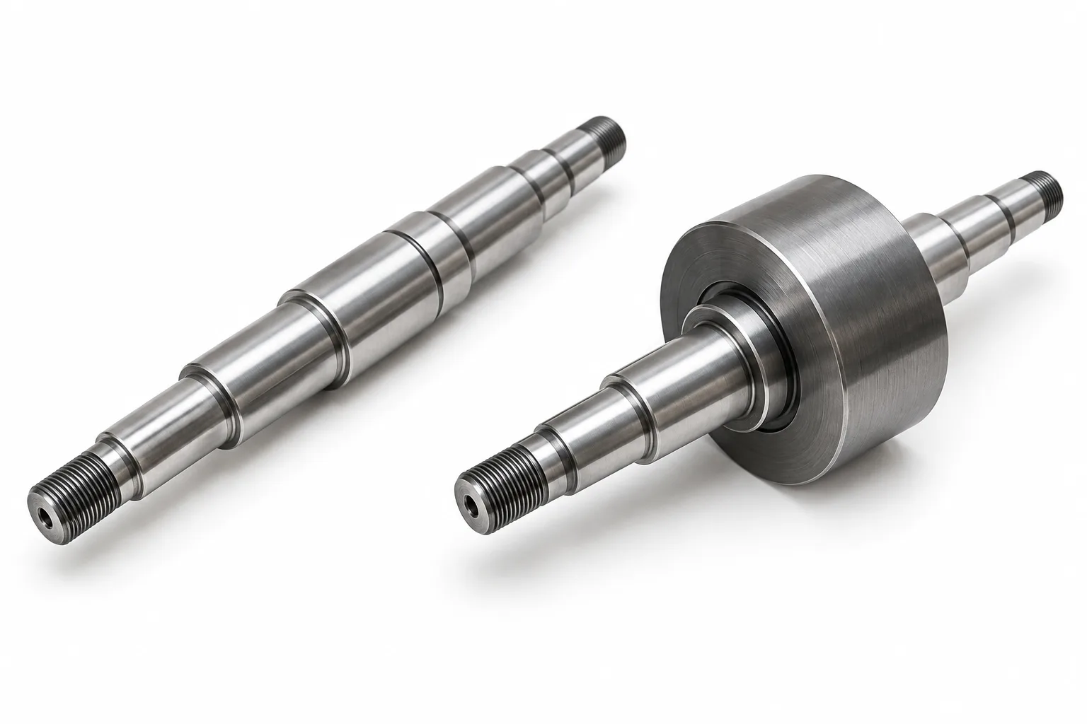 Bare stepped shaft beside an assembled shaft and hub