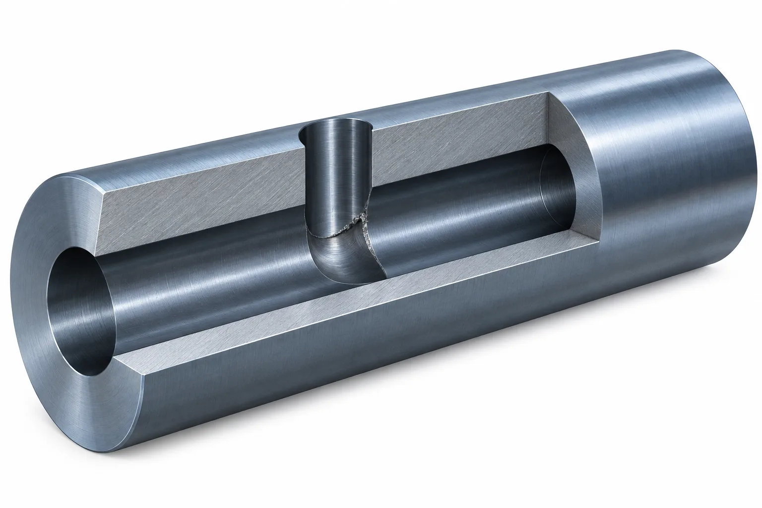 Conceptual shaft cutaway showing a burr where a radial hole meets an axial oil passage
