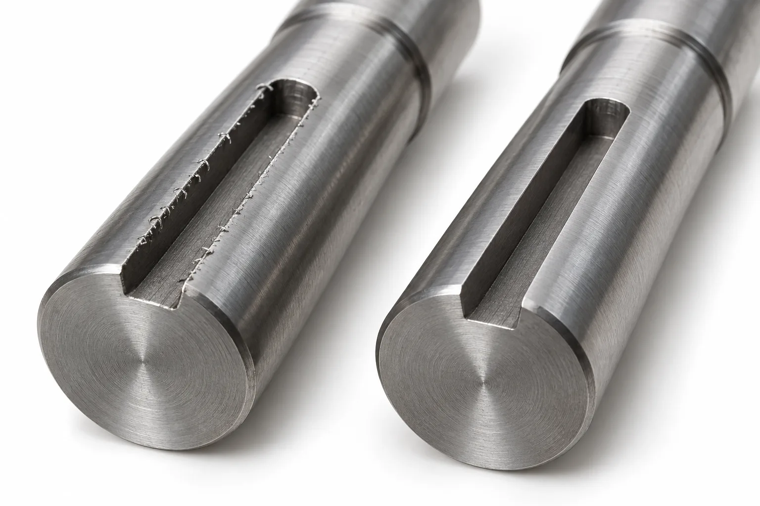 Illustrative comparison of a shaft keyway with burrs and a cleaned keyway edge