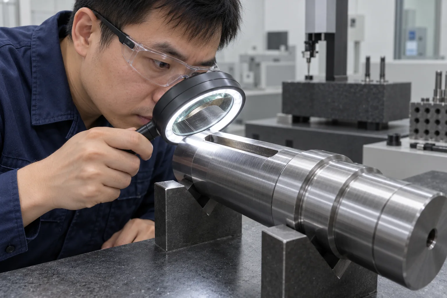 Illustrative technician examining a stationary shaft keyway under an illuminated magnifier