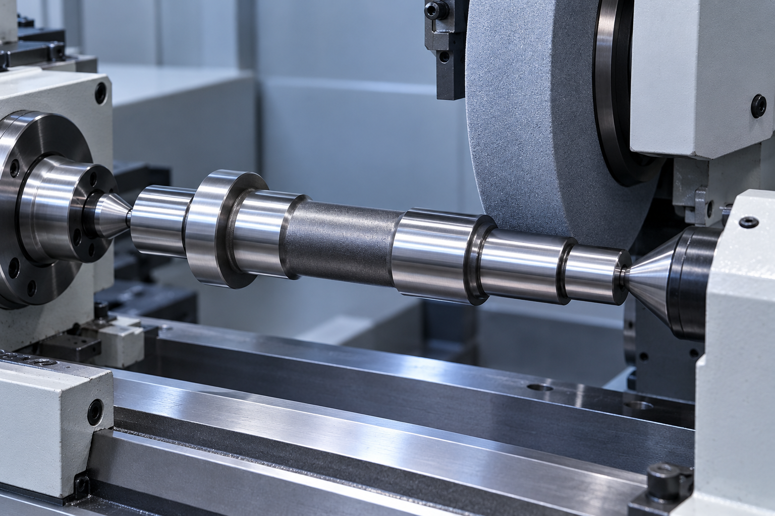 Illustrative cylindrical grinding of a precision shaft after heat treatment.