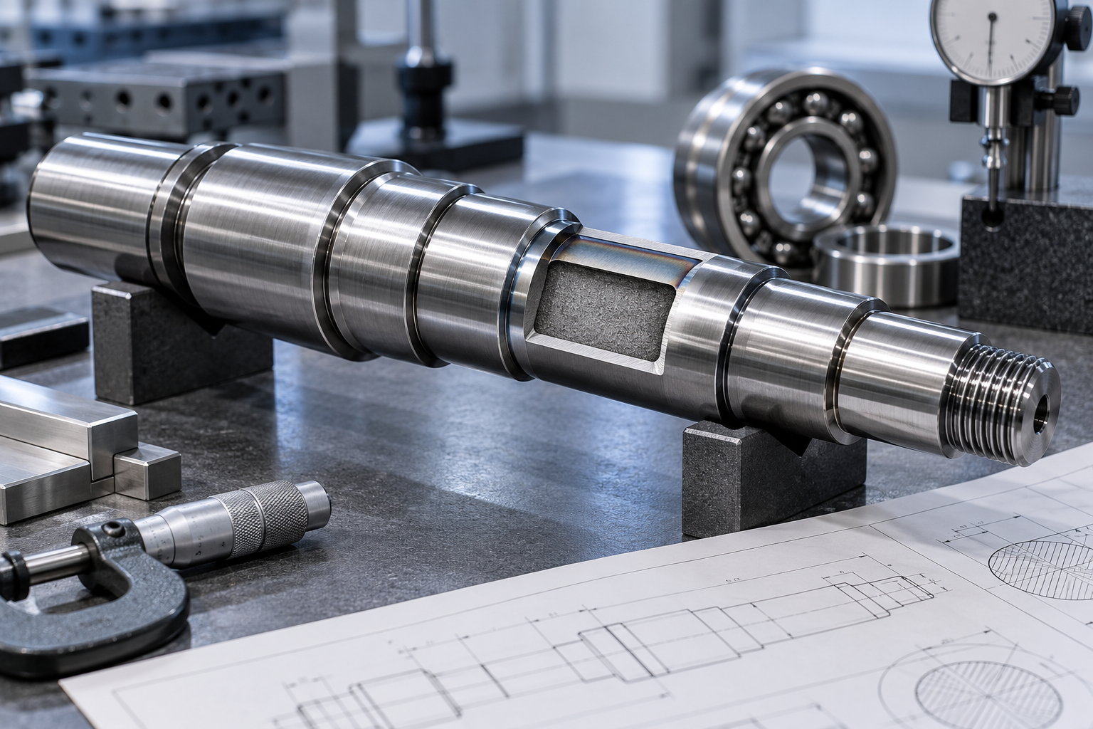 Illustrative precision shaft heat-treatment specification with a sectioned bearing journal.