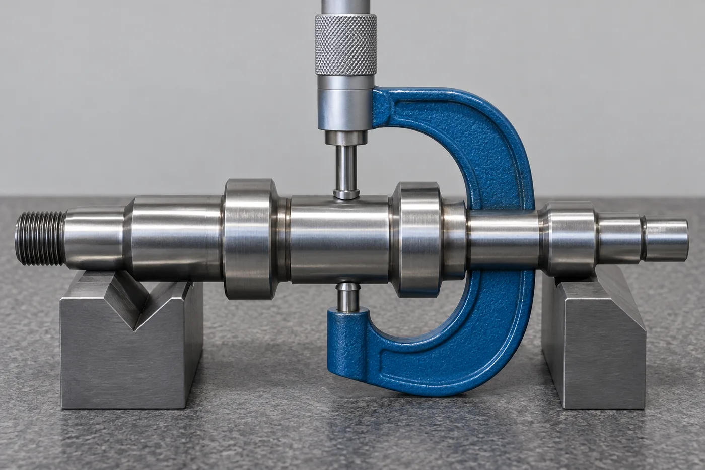 A shaft journal measured with an outside micrometer while supported on V blocks