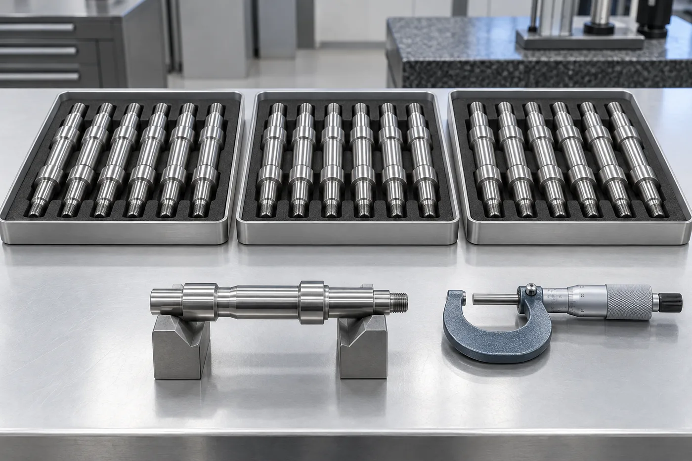 Separate trays of precision shafts with one selected shaft prepared for measurement