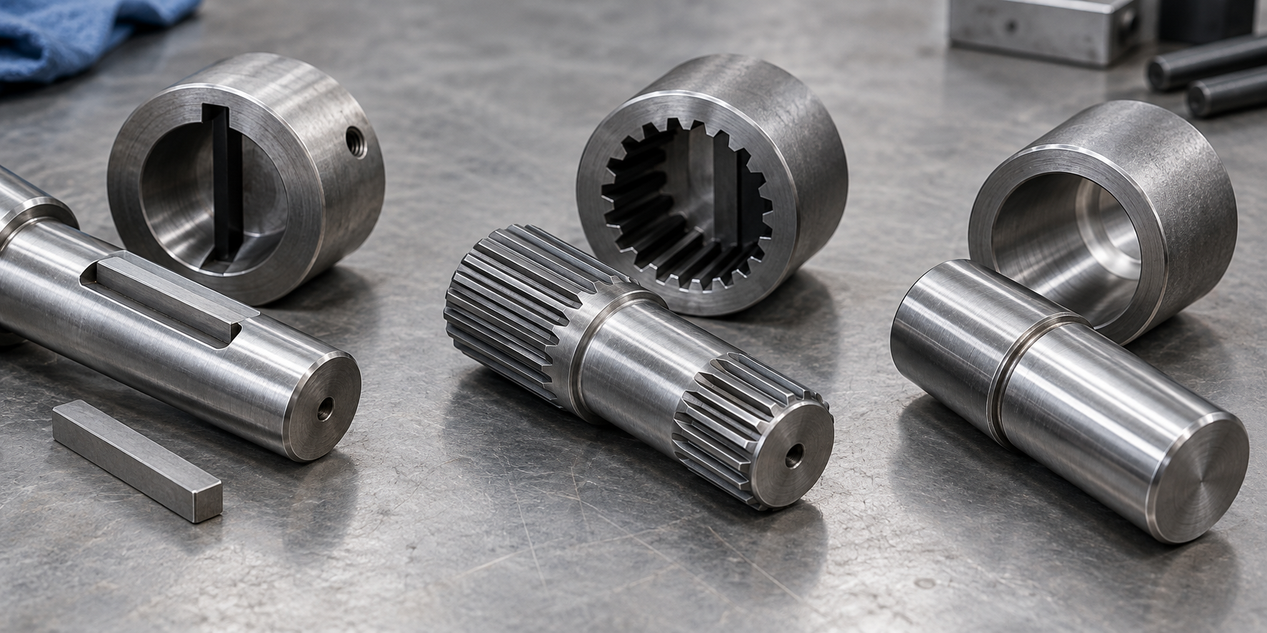Finished keyed shaft and mating hub illustrating key engagement, edge condition and functional orientation