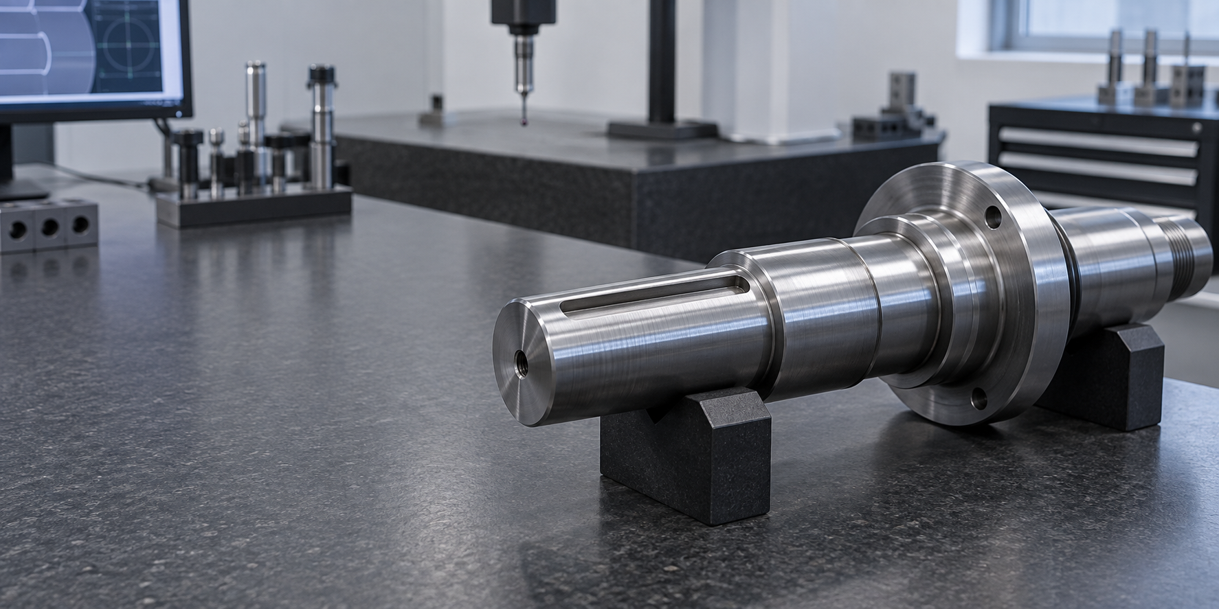 Precision shaft with a machined keyway and mating key shown on an engineering workbench