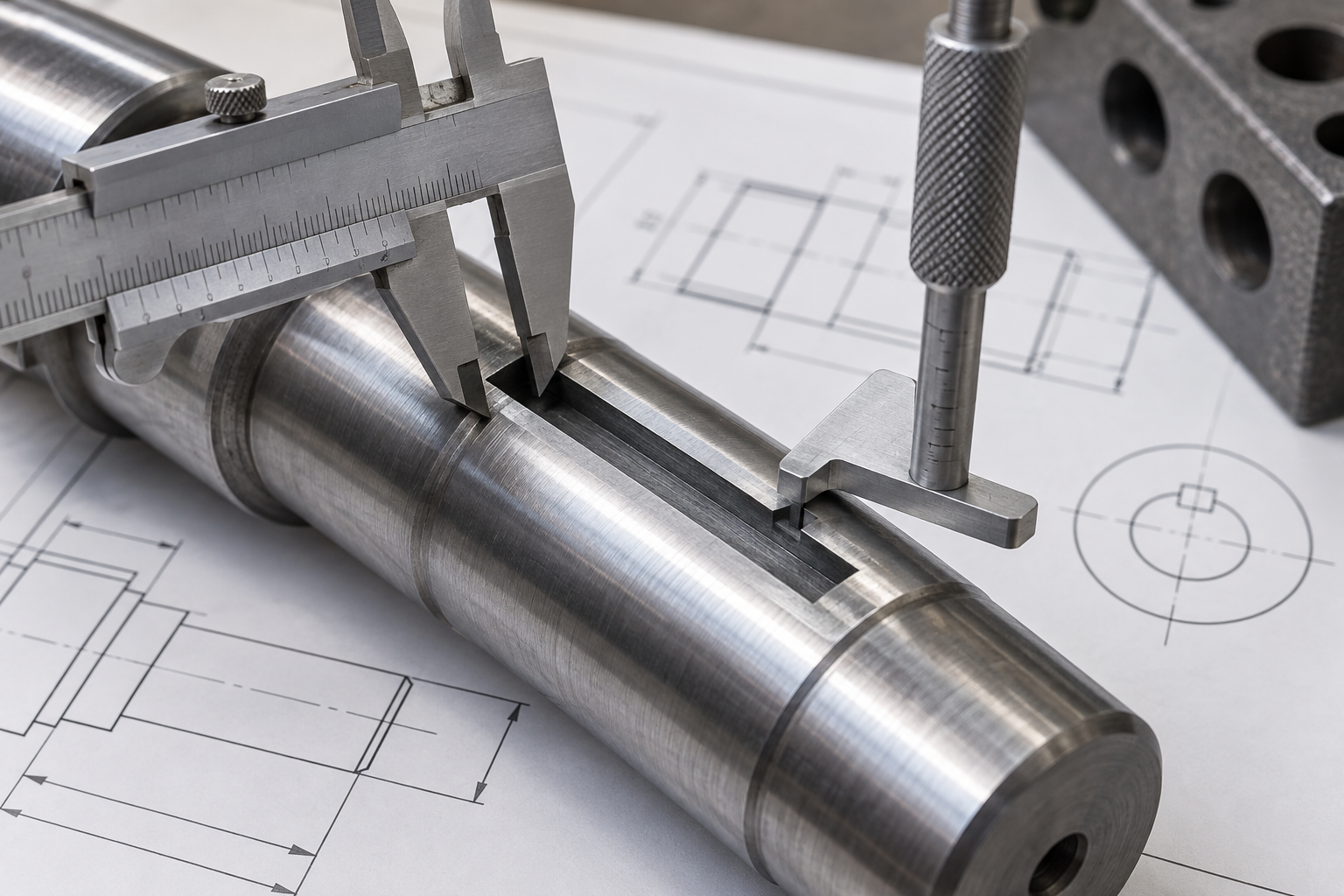 Engineering drawing and caliper inspection of a shaft keyway width, depth and axial location