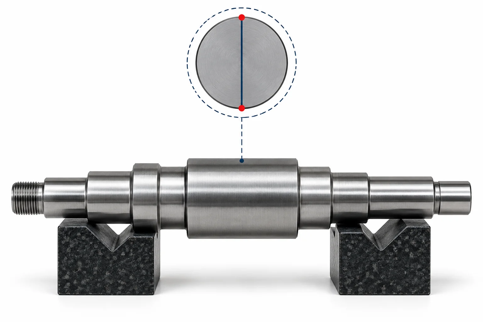Technical illustration of a shaft journal and opposite measurement contacts in an end-view inset