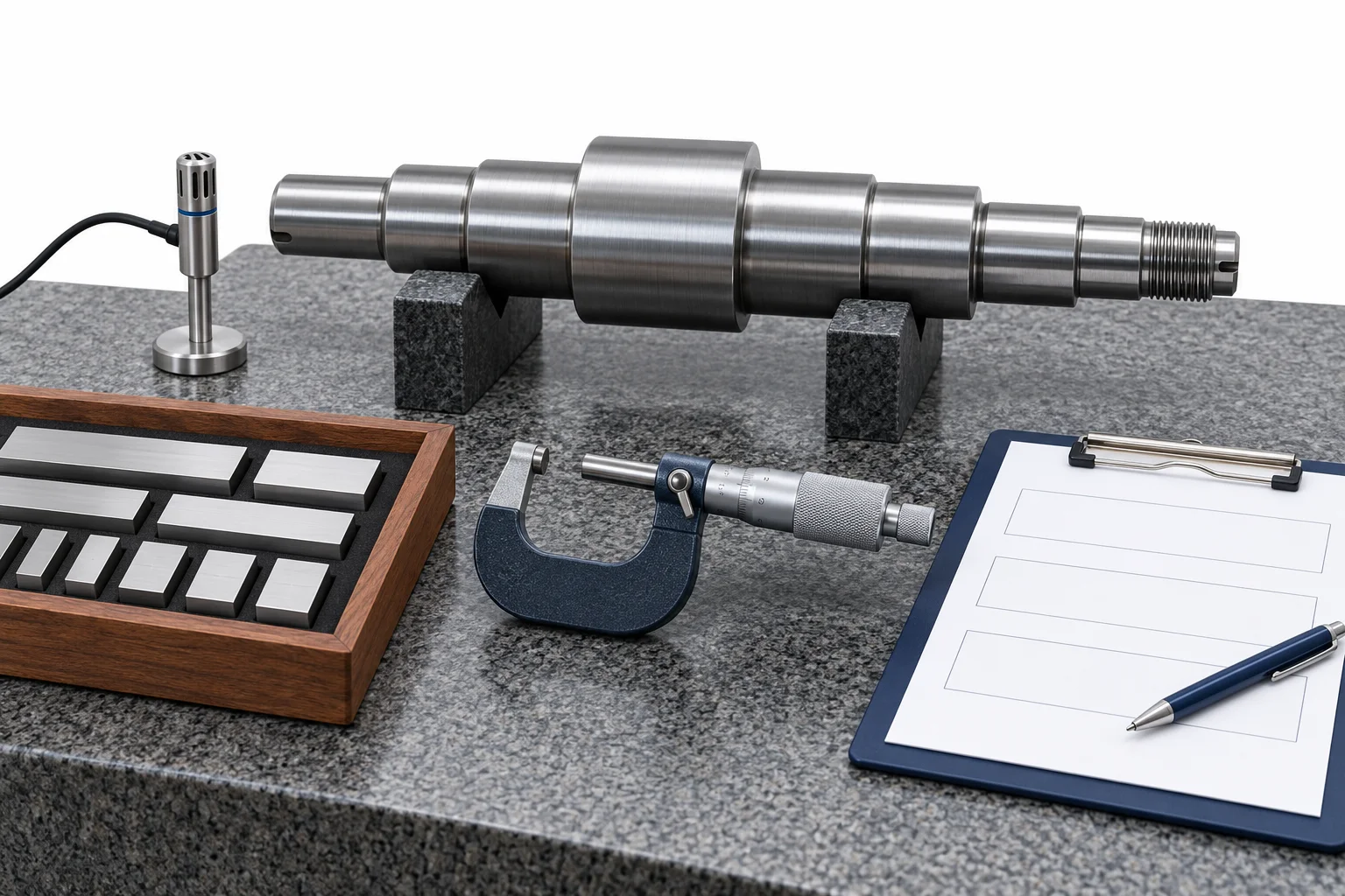 Technical illustration of a shaft measurement setup, temperature sensor, reference blocks and review document