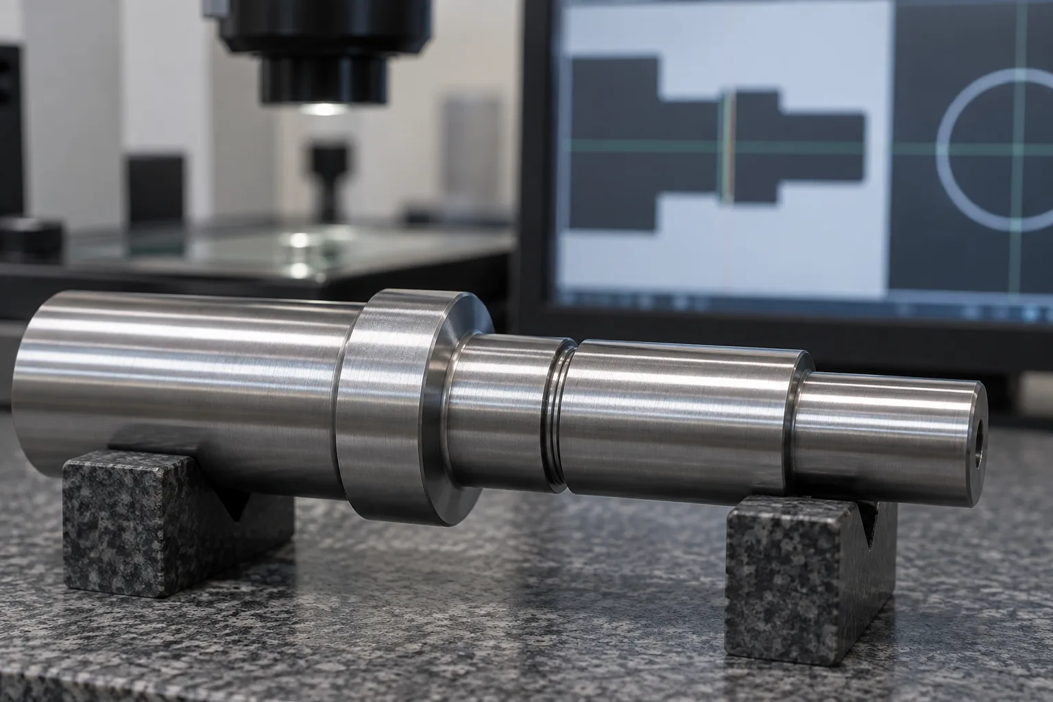 Illustrative retaining-ring groove inspection scene with a shaft on a metrology bench