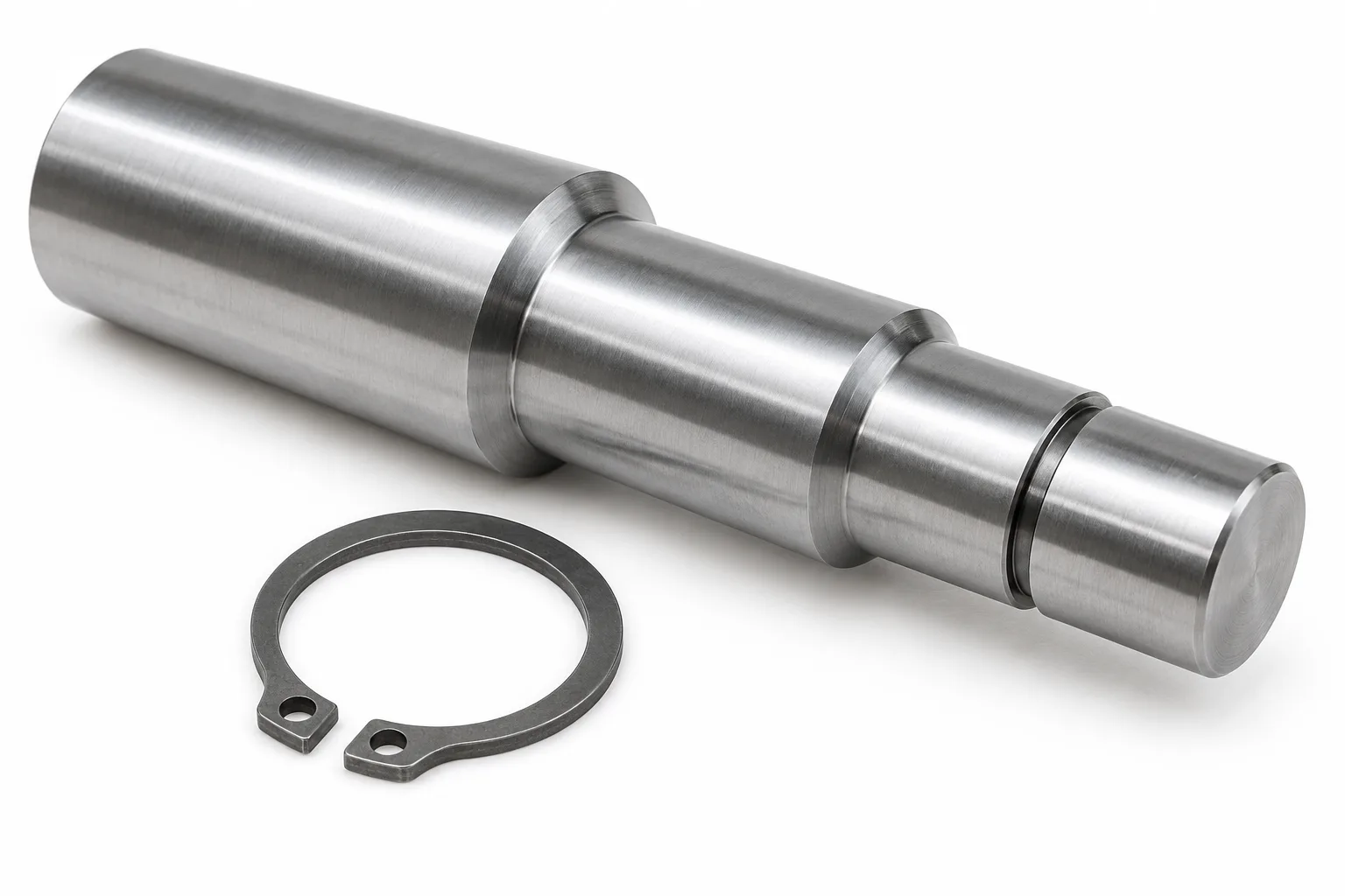 Illustrative stepped steel shaft with an external retaining ring groove and separate circlip