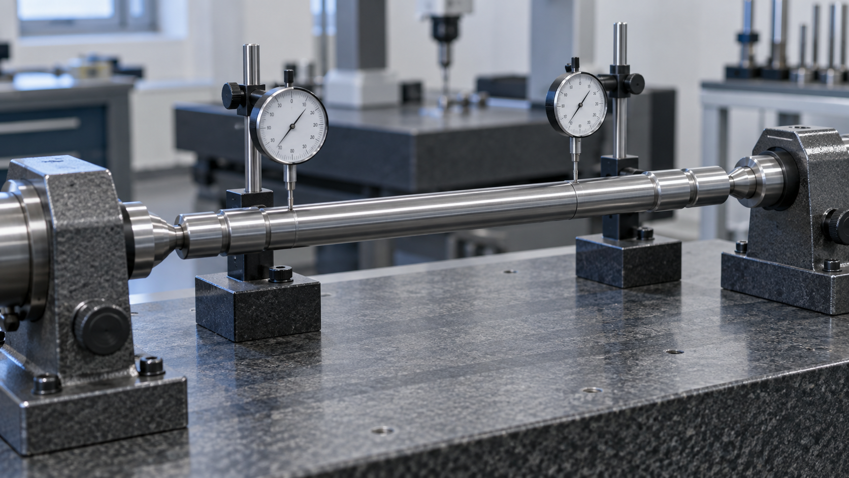Illustrative straightness inspection of a precision shaft between centres with indicators at two locations.