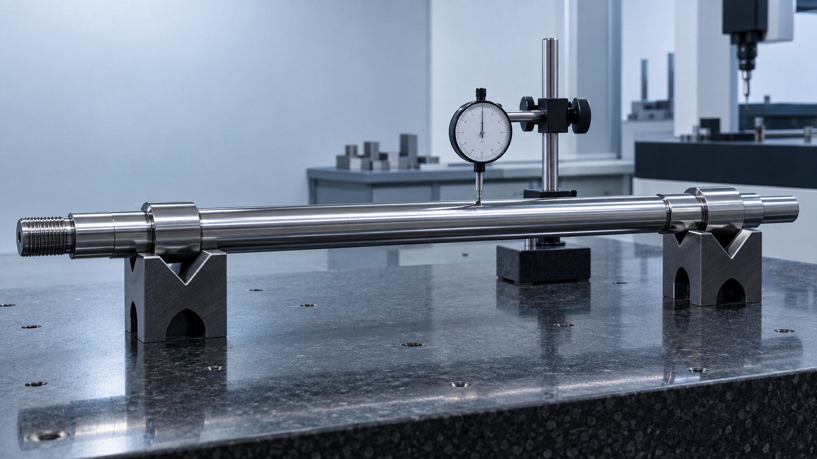 Illustrative precision shaft straightness inspection using V-blocks and a dial indicator.