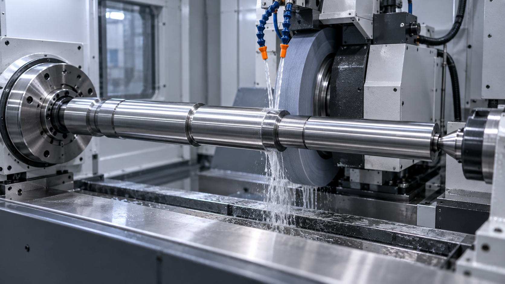 Illustrative cylindrical grinding of a long precision shaft as part of a controlled finishing route.