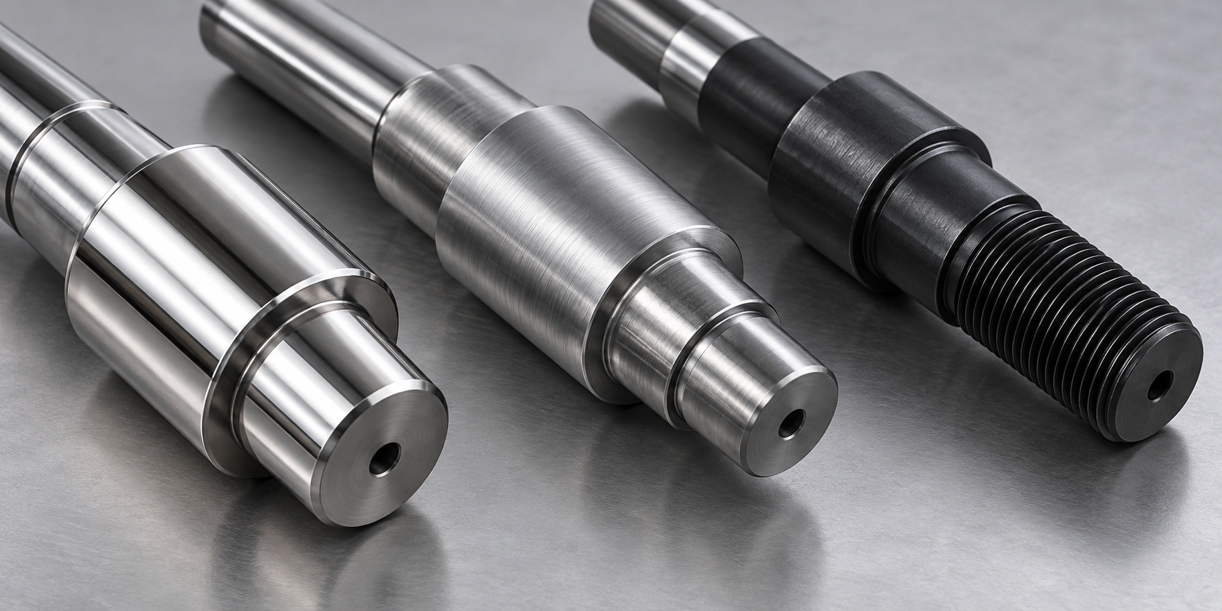 Machined shaft components arranged to show functional zones for bearing seats, seals and treated surfaces