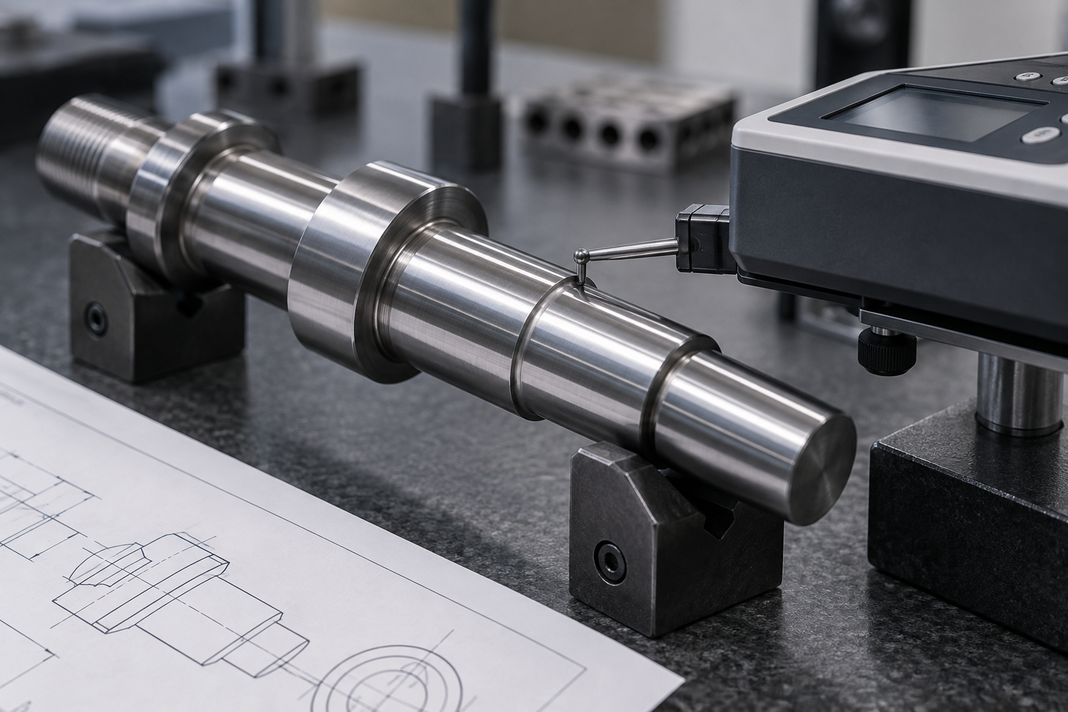 A surface roughness tester probe measuring a precision shaft journal on an inspection bench