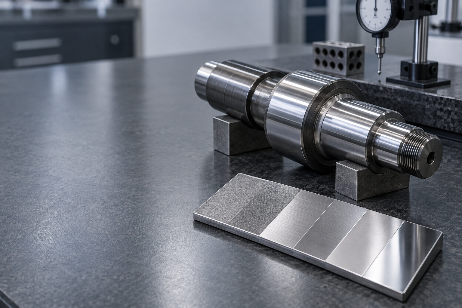 Three precision shaft specimens showing different turned, ground and polished functional surface conditions