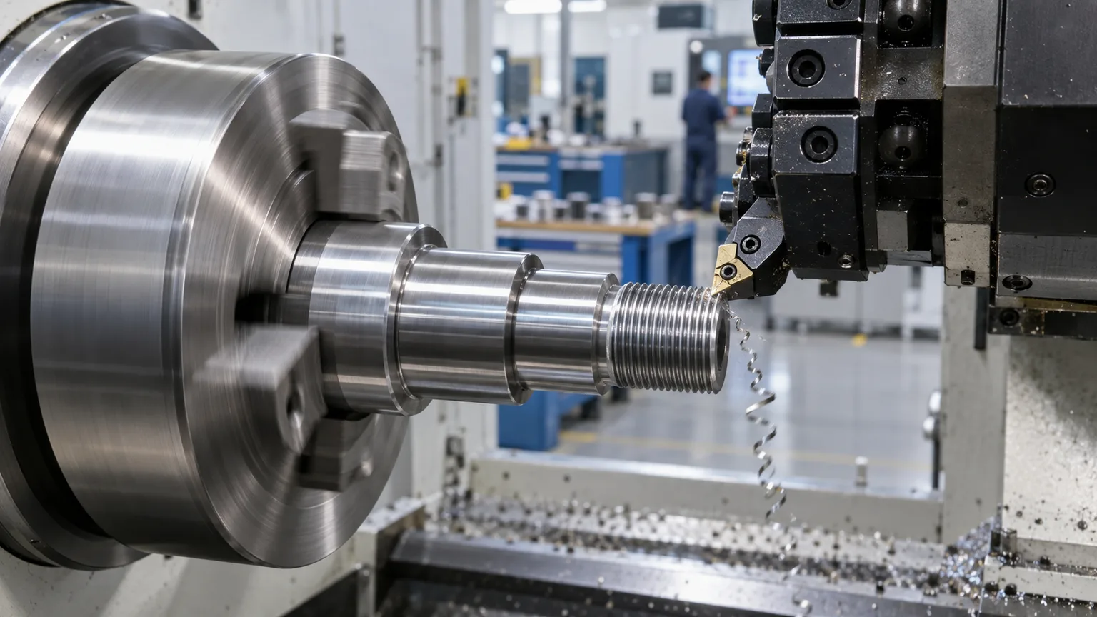 Conceptual CNC turning of an external thread at the end of a stepped shaft