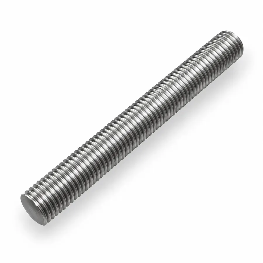 Illustrative steel shaft with a continuous external thread on a white background